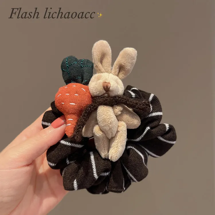 毛绒萝卜兔棕色针织布艺发圈秋冬新款可爱百搭肠圈发绳扎马尾头绳