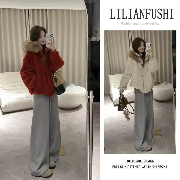 今年流行套装2026新款设计感宽松长袖连帽外套高腰阔腿裤两件套女