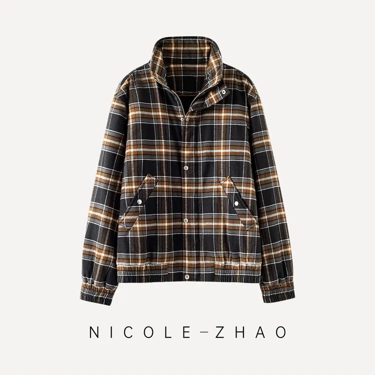 3NWT156【键盘侠】【贵姐NICOLE】进口面料高端气质百搭咖色格子外套