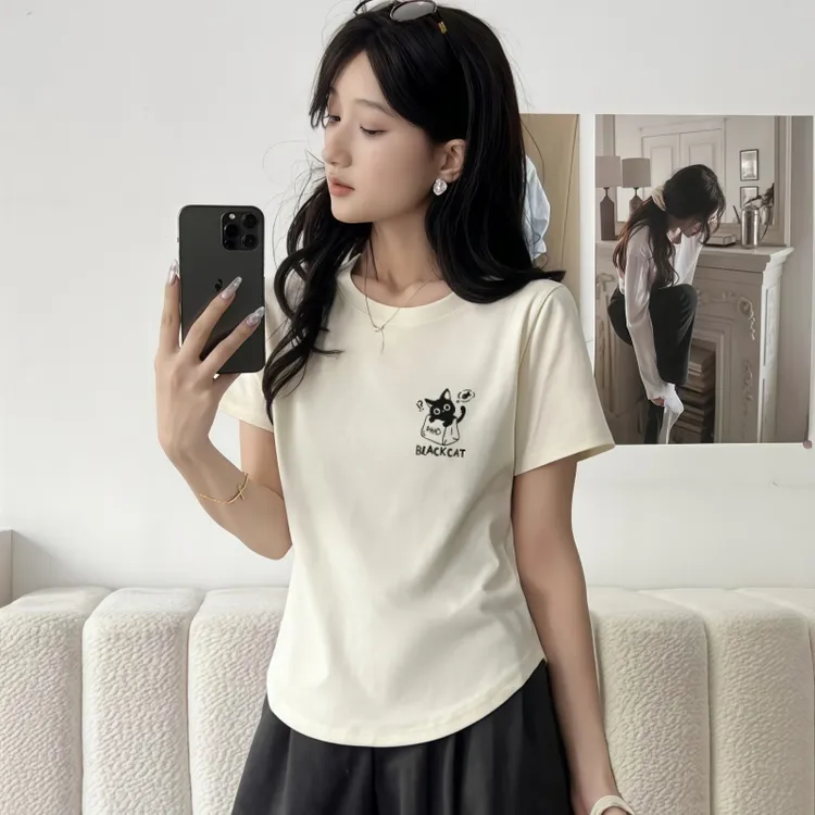 小众设计感短款奶杏色短袖t恤女时尚减龄百搭纯棉上衣打底衫夏季