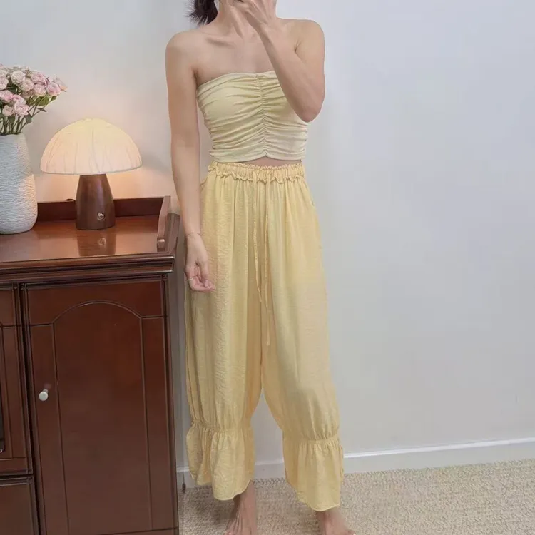 2025新款早秋英伦贵族风内观流音乐流瑜伽百褶花边系带灯笼裤九分