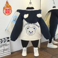 中小童男宝秋冬韩版保暖加绒毛毛衣女童洋气棉服字母刺绣连帽外套