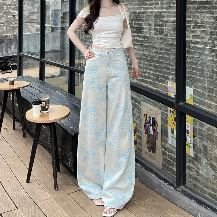 天空蓝直筒牛仔裤女高腰2025秋季新款宽松设计感阔腿小个子百搭