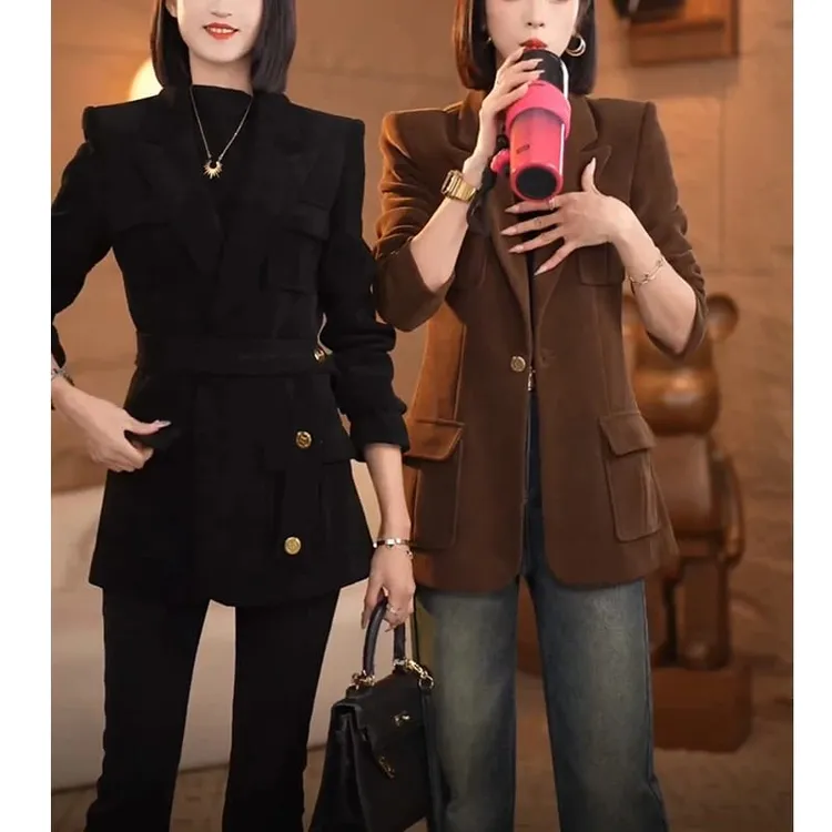高级感单排扣纯色绑带毛呢西装女外套百搭时尚中长款一粒扣上衣女