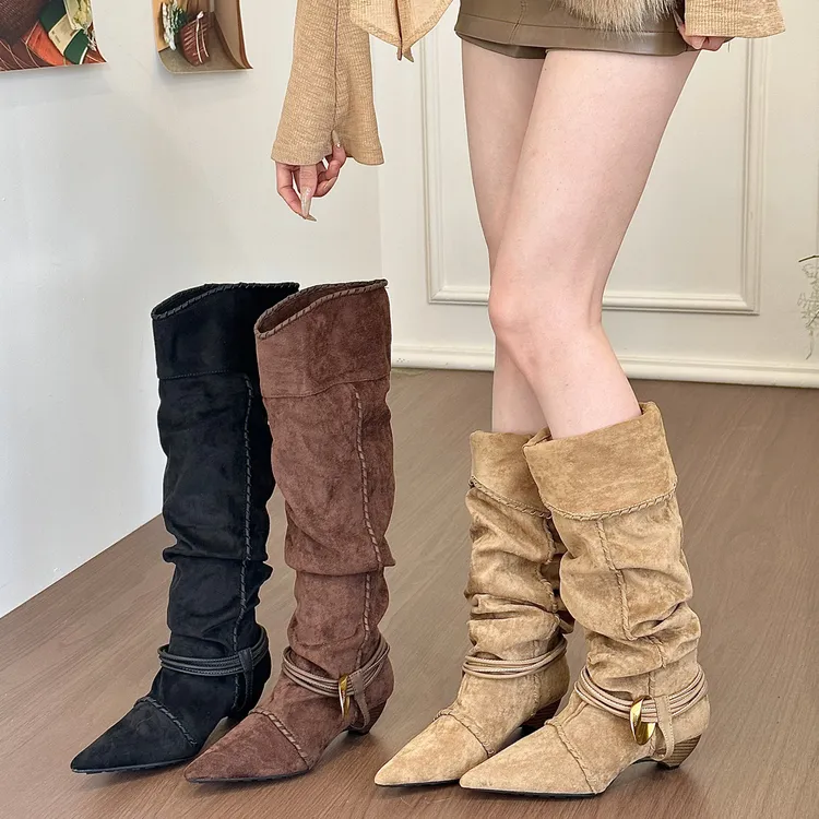 titing高智腿精！三穿绒面尖头编织金属扣堆堆靴女秋韩版坡跟长靴