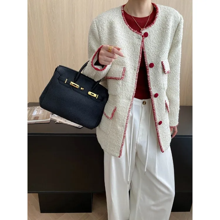 司南 老钱静奢感 法式撞色明线缝边羊毛粗花呢小香风外套