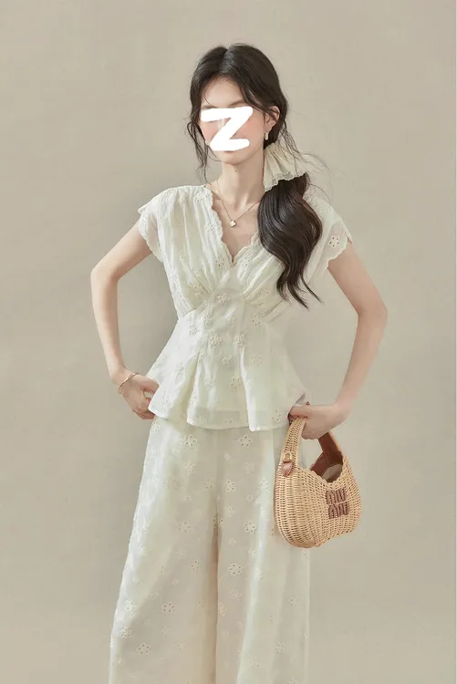 法式甜美荷叶边V领短袖上衣女收腰夏季宽松直筒阔腿长裤套装7005#