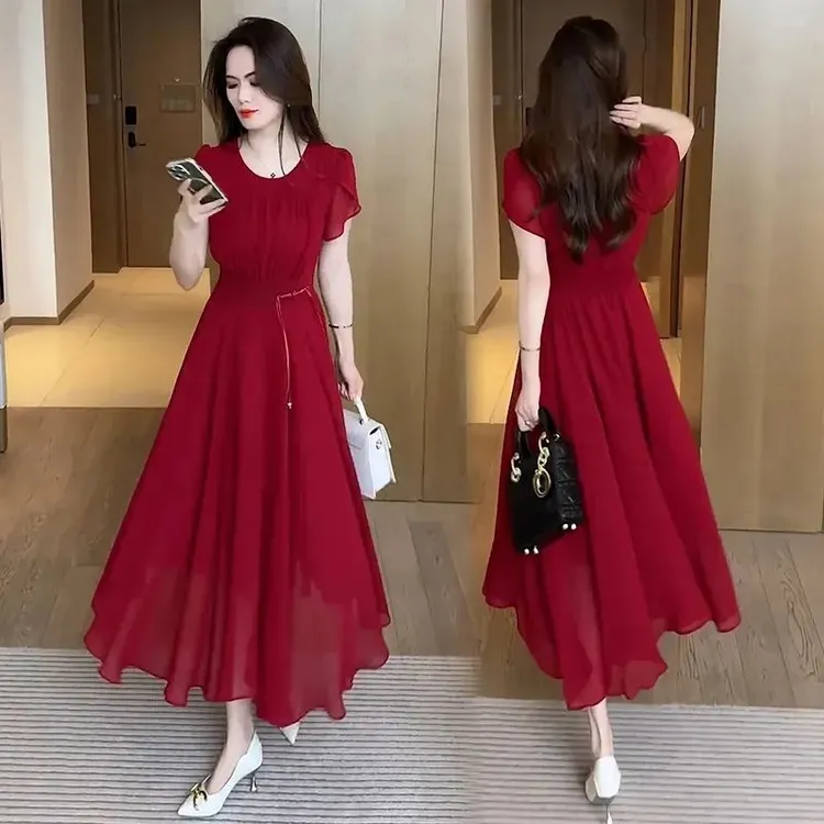 连衣裙显瘦气质夏季收腰女装长裙时尚红色法式遮肚修身