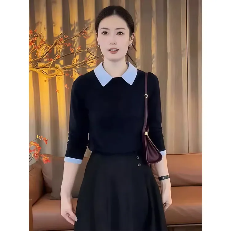 时尚拼色Polo领针织衫女士气质正肩上衣秋季新款内搭翻领打底毛衣