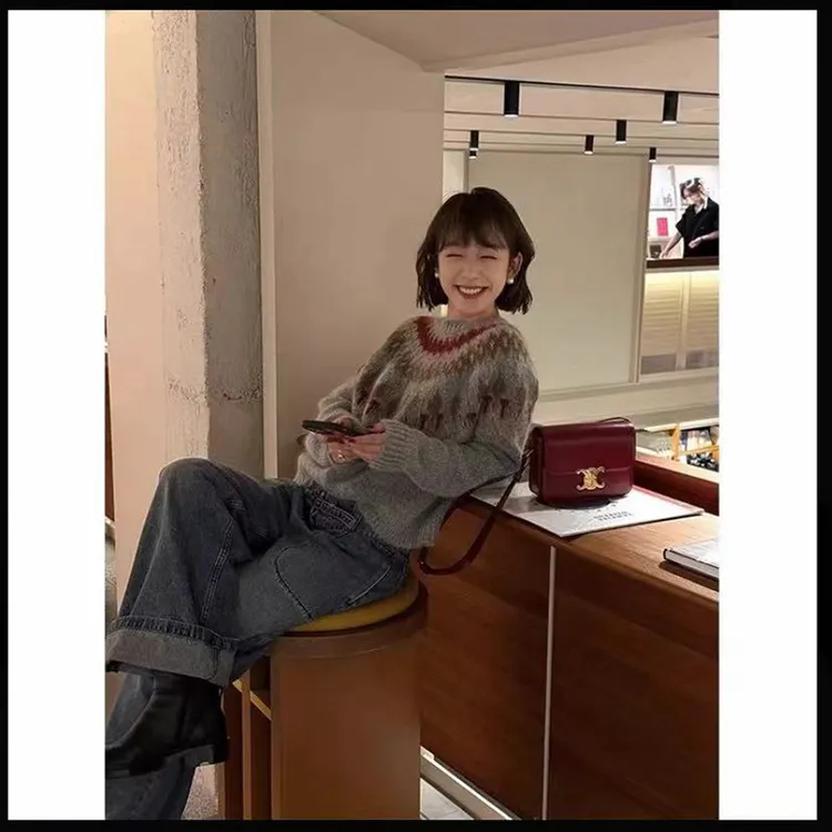 费尔岛圣诞节高级感慵懒风法式复古针织衫套头毛衣女冬季圆领上衣