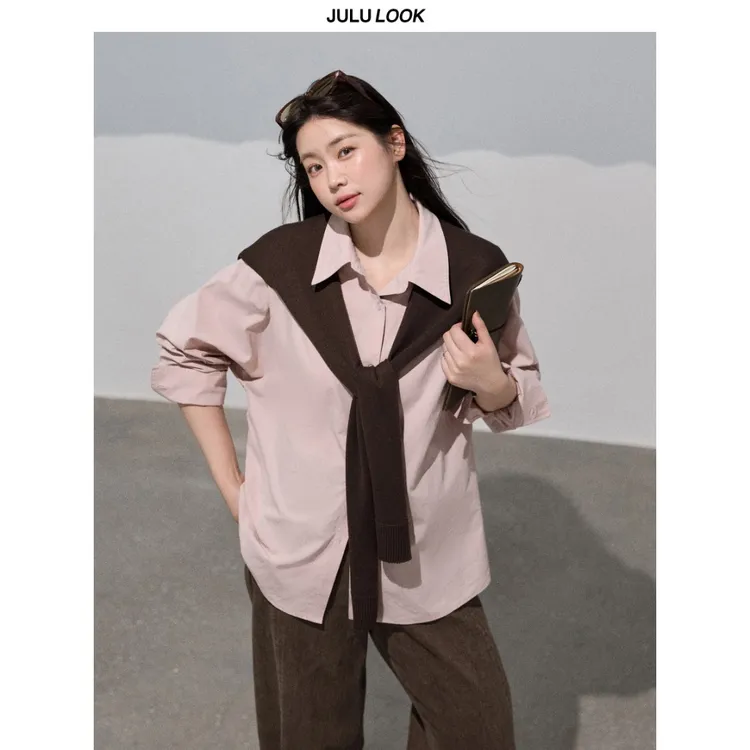 巨鹿工作室“旧城买手店”微胖mm韩系慵懒宽松翻领衬衫大码上衣秋