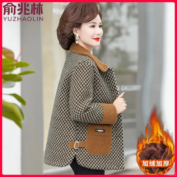 俞兆林妈妈秋冬水貂绒毛呢外套加绒加厚50-60岁中老年女洋气母亲