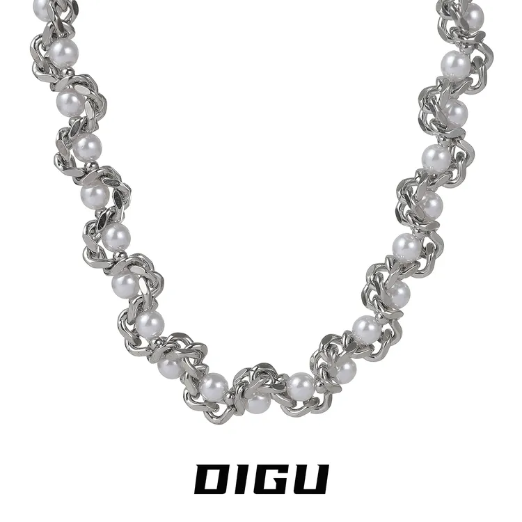 嘀咕家 铜合金仿珍珠项链 个性链条缠绕珍珠项链气质锁骨链颈链
