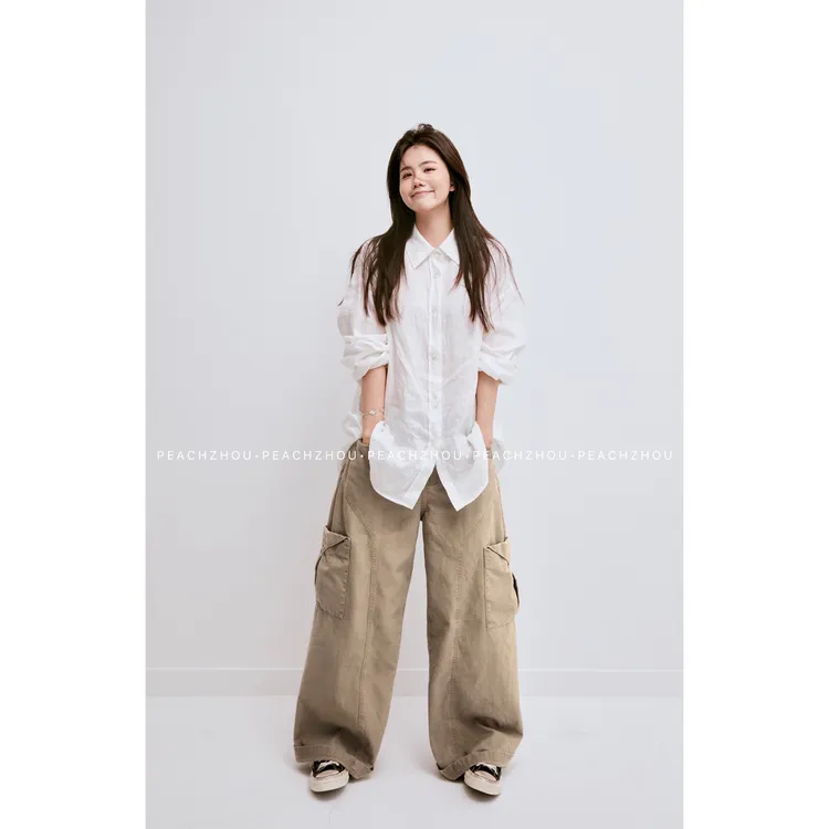 『PEACHZHOU』高密工装口袋水洗宽松牛仔裤松紧腰美式休闲阔腿长裤