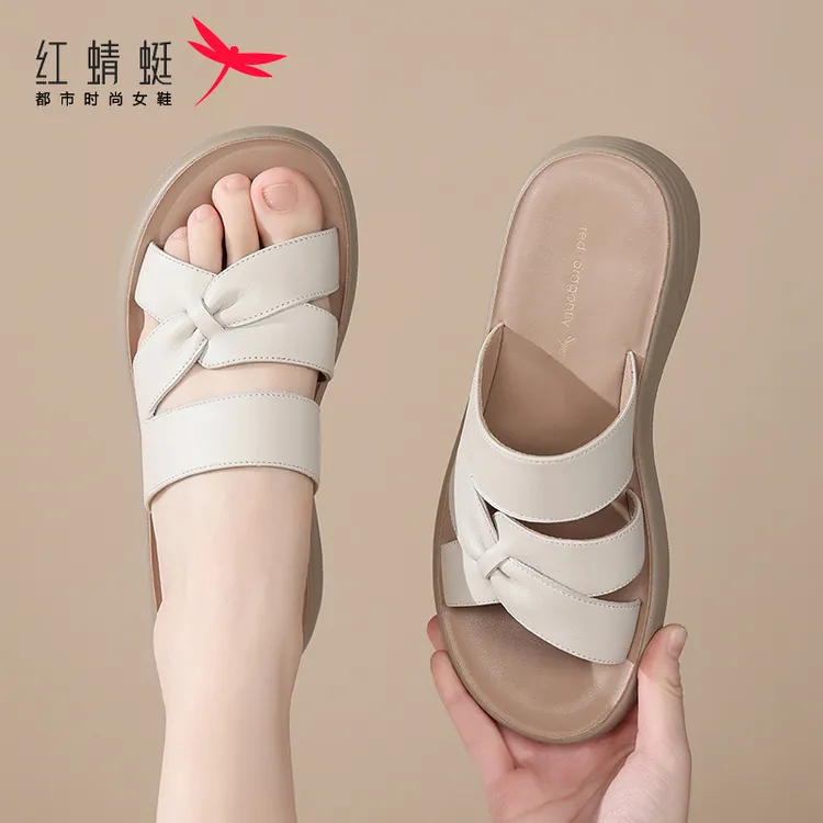 红蜻蜓一字拖女鞋外穿2025新款爆款真皮软底休闲妈妈不累脚凉拖鞋