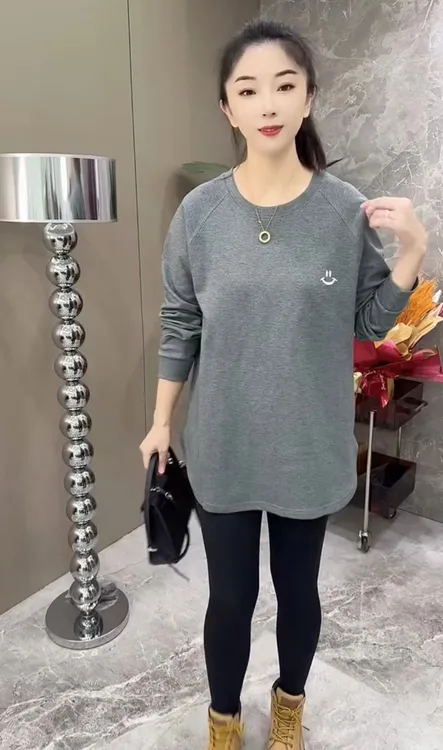 中长款长袖女士透气薄款宽松T恤网红套头后背单排扣打底衫
