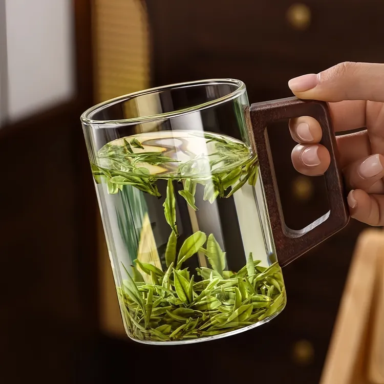 耐高温玻璃杯绿茶杯大容量高硼硅简约木把杯水杯中式耐热办公杯