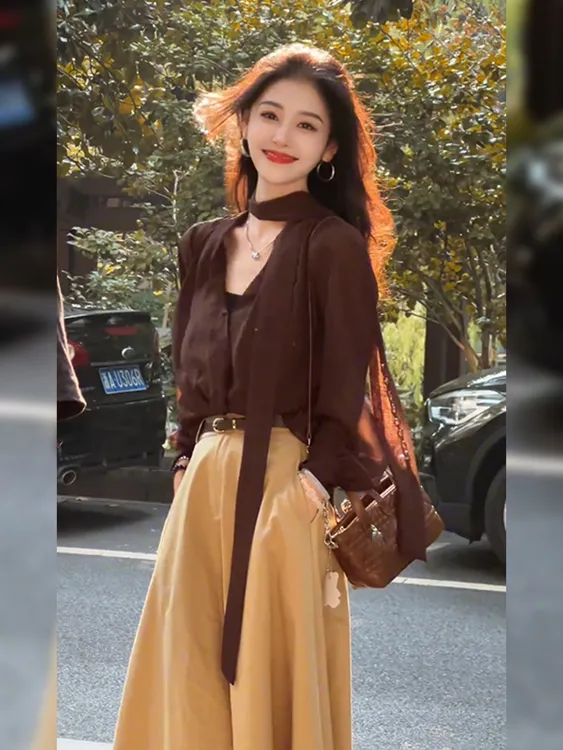 大方得体一整套装2025秋冬新款通勤气质宽松飘带显瘦上衣半裙女装