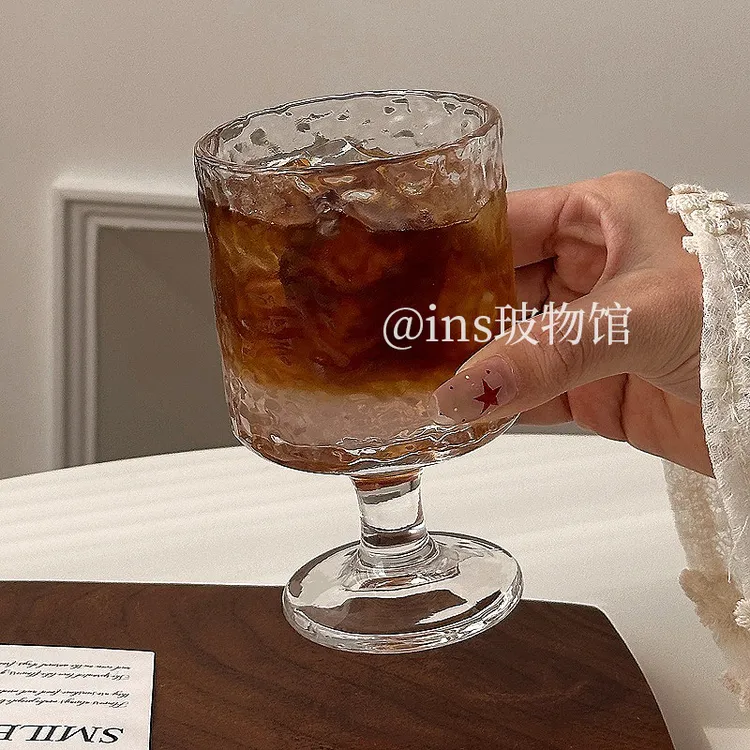 高颜值ins风条纹高脚玻璃杯竖纹冰淇淋杯酸奶甜品饮料果汁水杯子
