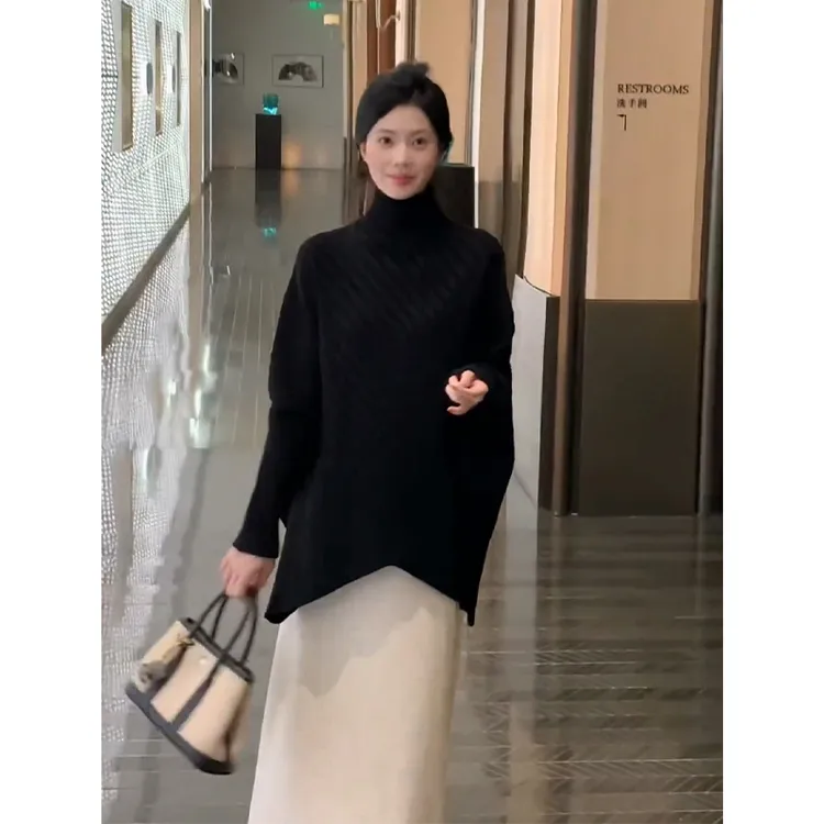 2025秋季新款女法式设计感宽松半高领长袖毛衣上衣高腰显瘦半身裙