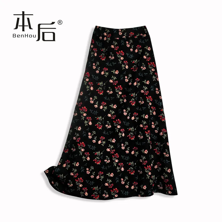 9962 小红花碎花灯芯绒半身裙秋冬女中长款新款大码高腰显瘦a字裙