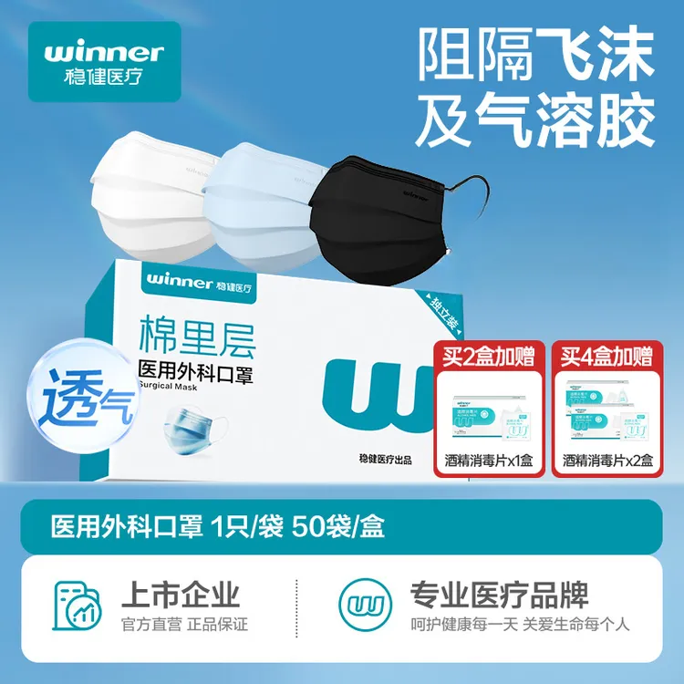 Winner/稳健棉里层医用外科口罩一次性医疗黑蓝色口罩防护独立装成人儿童