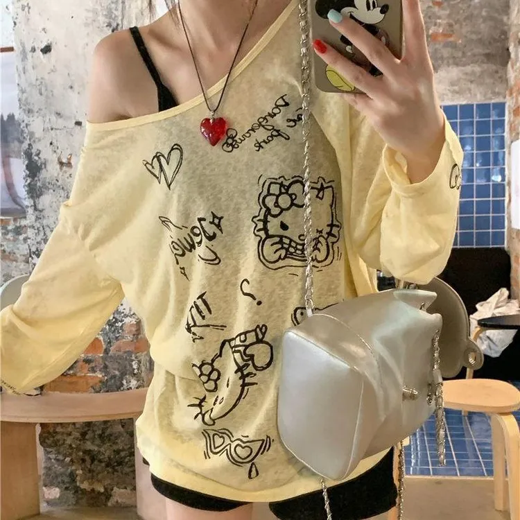 卡通印花薄款T恤露肩长袖防晒夏季罩衫慵懒宽松胖mm大码上衣短款