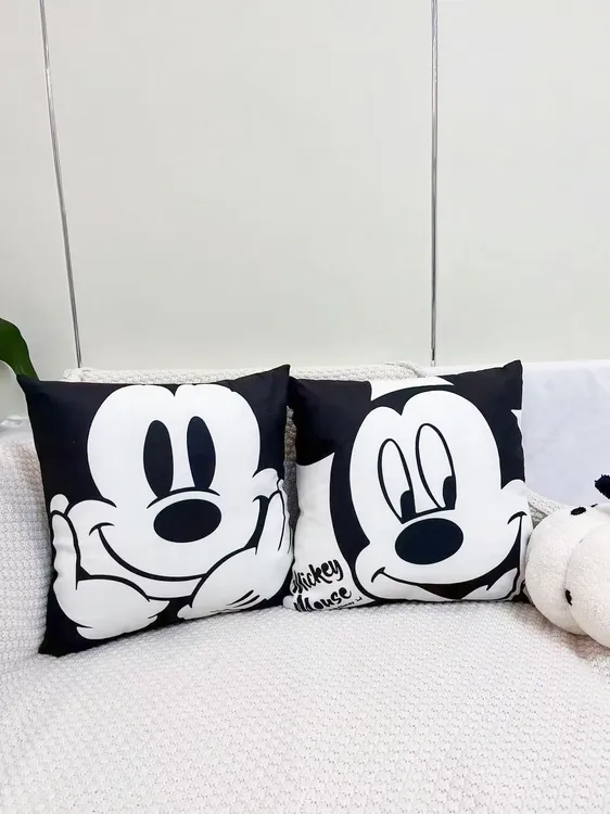 黑白米奇抱枕套双面印花简约可爱沙发靠背垫办公室护腰方形靠垫