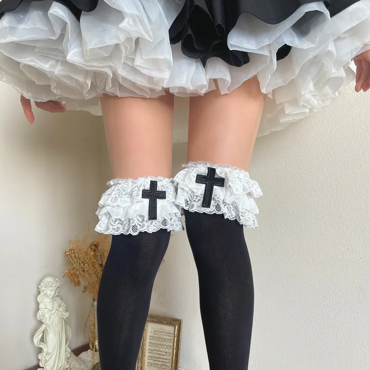 袜贵人新品暗黑哥特式洛丽塔少女布贴十字架三层大花边过膝长筒袜