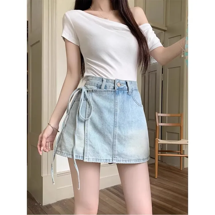 高腰胖mm牛仔短裤女夏季显瘦百搭直筒防走光a字裙裤66678