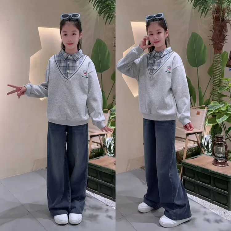 女童卫衣春秋套装儿童格子翻领卫衣牛仔裤中大通阔腿裤套装