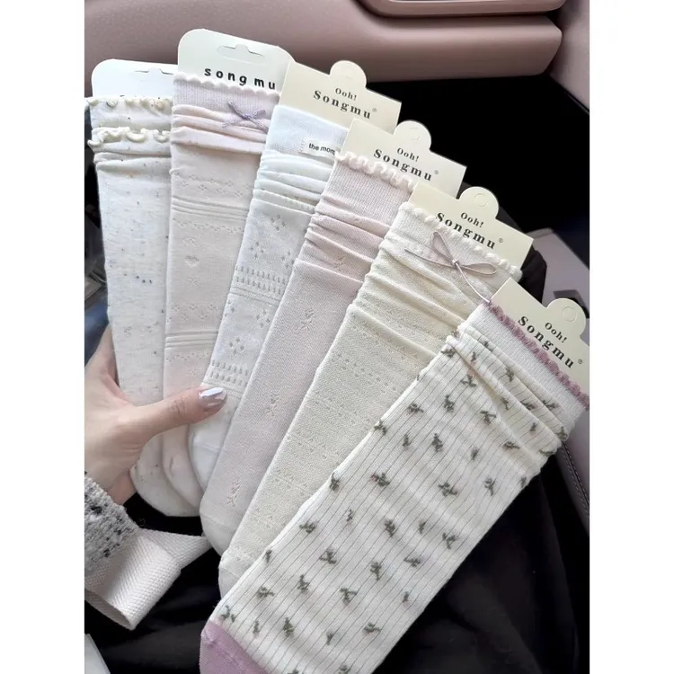 淞木薄棉袜子女夏季薄款桃粉色韩版洛丽塔蝴蝶结无骨缝中筒堆堆袜