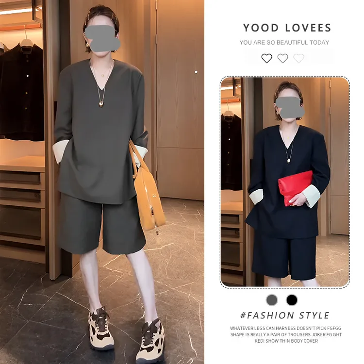韩系高级感穿搭小香风套装春秋新款简约纯色V领上衣五分裤两件套