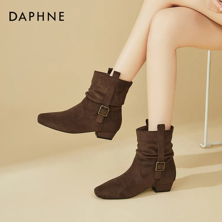 达芙妮粗跟堆堆靴鞋2025新款冬季加绒中跟短靴保暖绒面西部牛仔靴