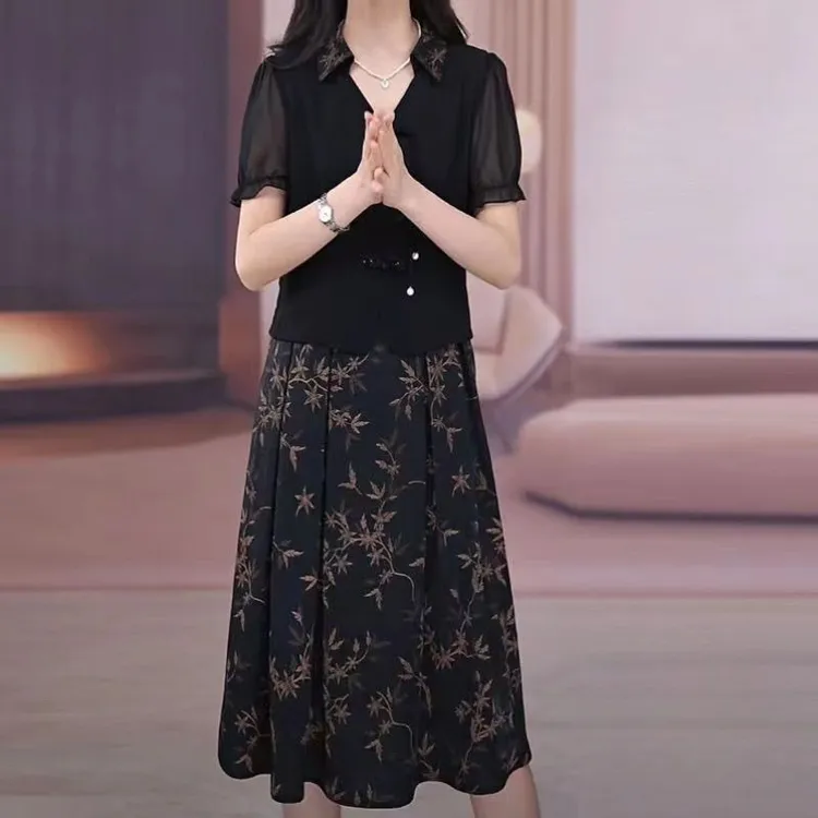 FY-夏季A字裙假两件短袖拼接显瘦连衣裙适合中老年妈妈