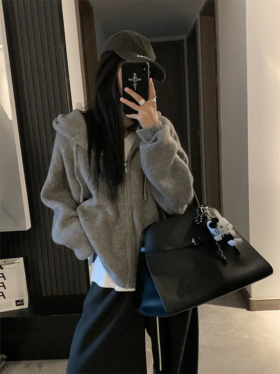 韩系连帽拉链毛衣女秋冬2025新款内搭慵懒高级感针织开衫卫衣外套