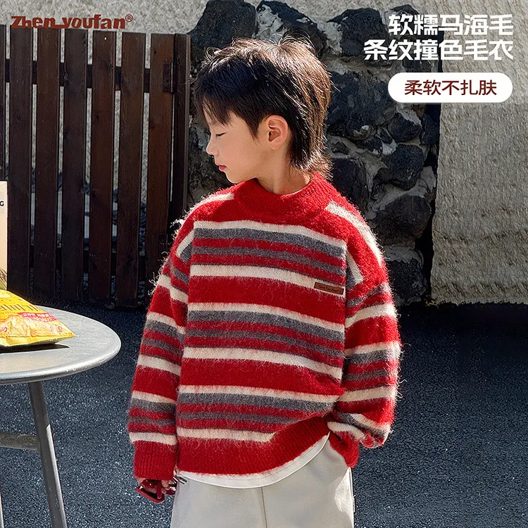 祯有范童装男童海马毛加厚保暖毛衣冬新款儿童条纹撞色上衣针织衫