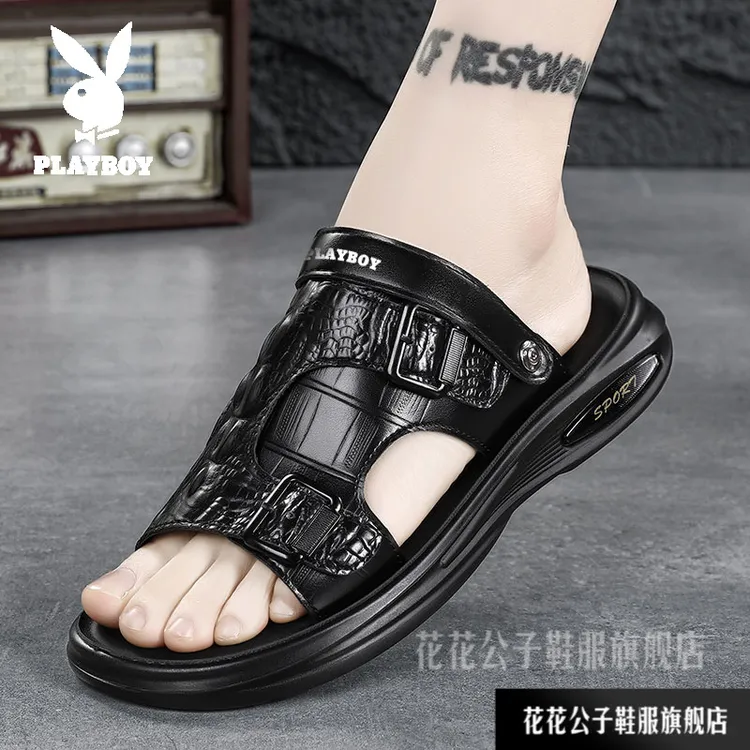 花花公子轻奢凉鞋男士夏季新款时尚百搭高级鳄鱼皮面凉拖沙滩鞋男