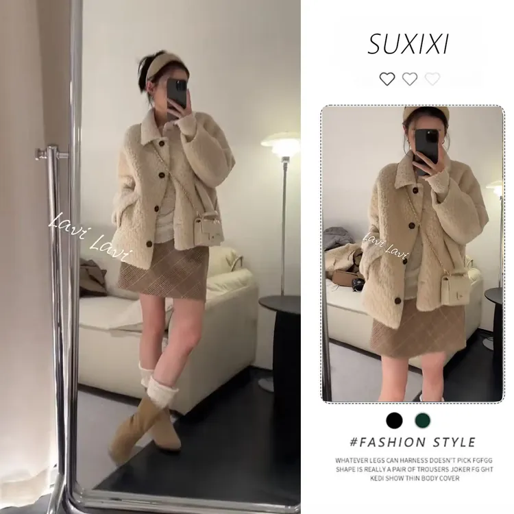 秋冬穿搭新款套装女2025设计感气质上衣羊羔外套百搭半身裙三件套
