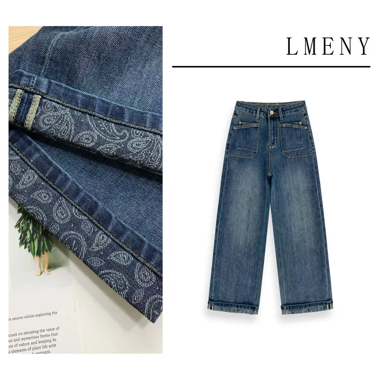 LMENY“腰果花蓝牛”双口袋设计腰果印花烟管直筒牛仔裤25CK099