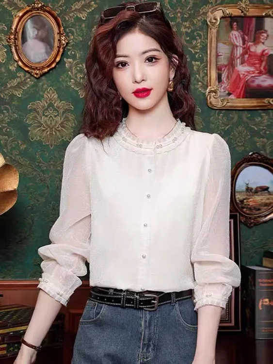 法式高级感钉珠荷叶领长袖衬衫女春季新款别致减龄气质上衣【5168】