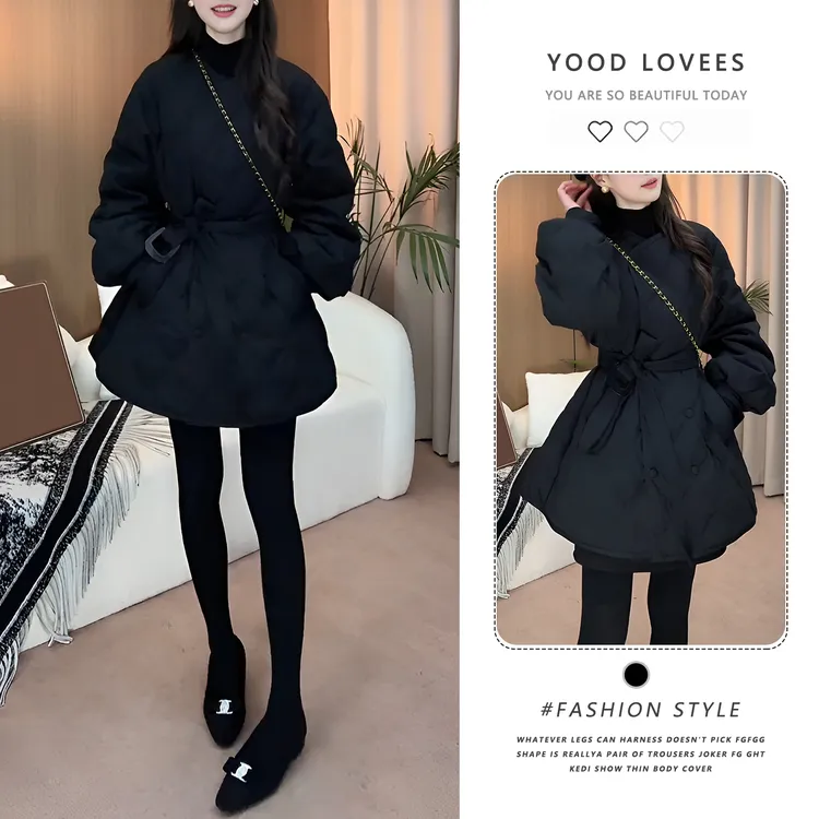 黑色小香风圆领菱格棉服外套女2025秋冬新高级感收腰气质夹棉上衣