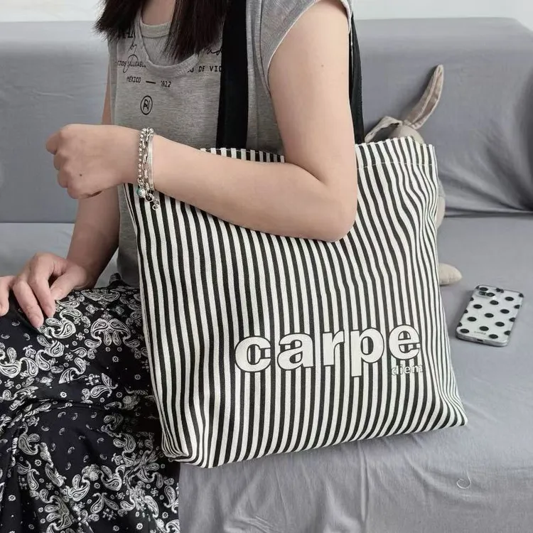 女士帆布包印花条纹可爱风拉链学院风单肩包学生挎包撞色港风布包