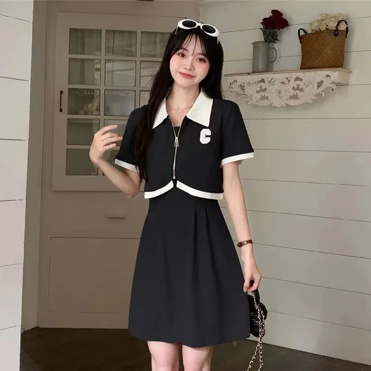 大码女装夏季小香风两件套减龄休闲连衣裙时尚收腰显瘦套装