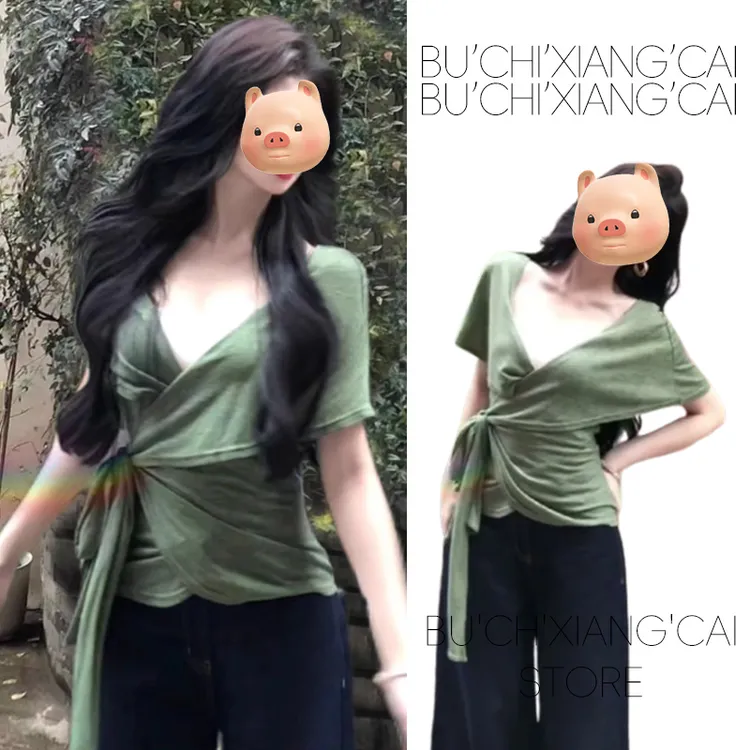 法式不规则交叉绑带绿色V领正肩短袖T恤女夏季收腰设计感辣妹上衣