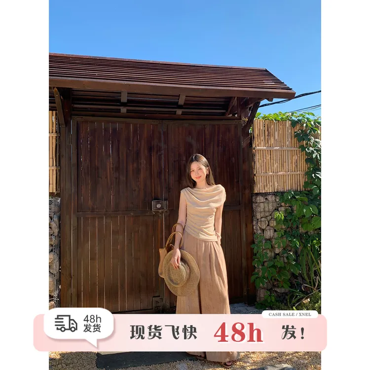 陳文文xenl【燕麦奶铁】夏季新款气质荡领上衣高腰阔腿裤两件套8808