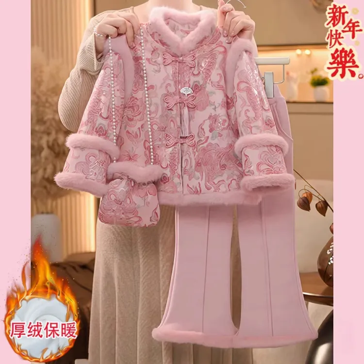 2026新年女童加绒拜年服套装冬季新款中式唐装加厚外套裤子保暖
