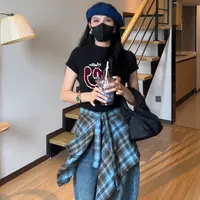 小个子正肩t恤女立领修身短款植绒字母美式复古纯欲短袖新款打底