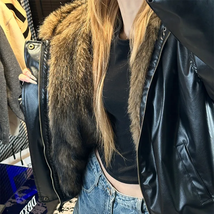 两面穿座山雕棉服男女款时尚连帽秋冬新款加厚pu皮毛茸茸棉衣