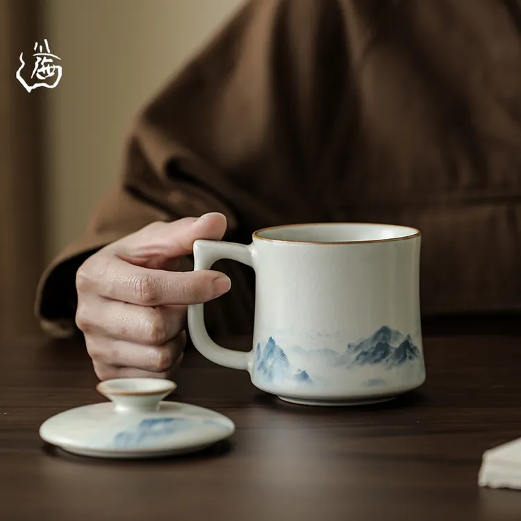 米黄汝窑茶杯千里江山个人专用杯家用办公室水杯带盖大容量马克杯